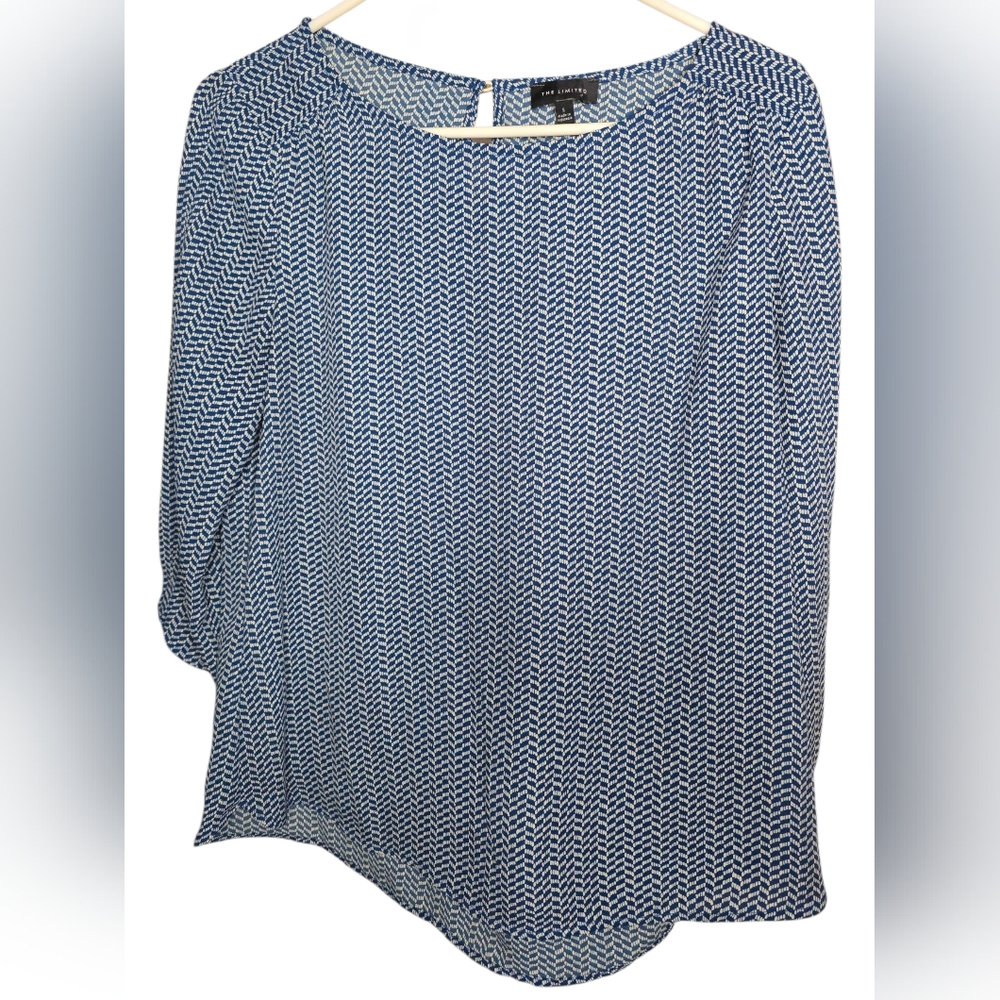 The Limited Blue and White Asymmetrical Pencil Blouse